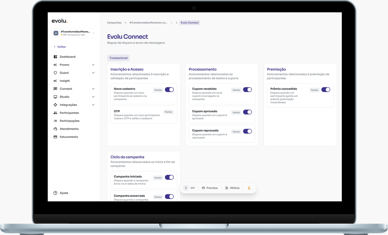Tela do evoluconnect. na plataforma da evolu